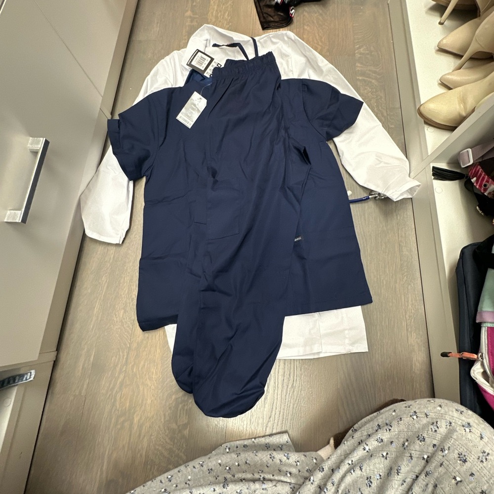 Complete Doctors Costume- Scrub top and pants, lab coat, stethoscope, scrub cap